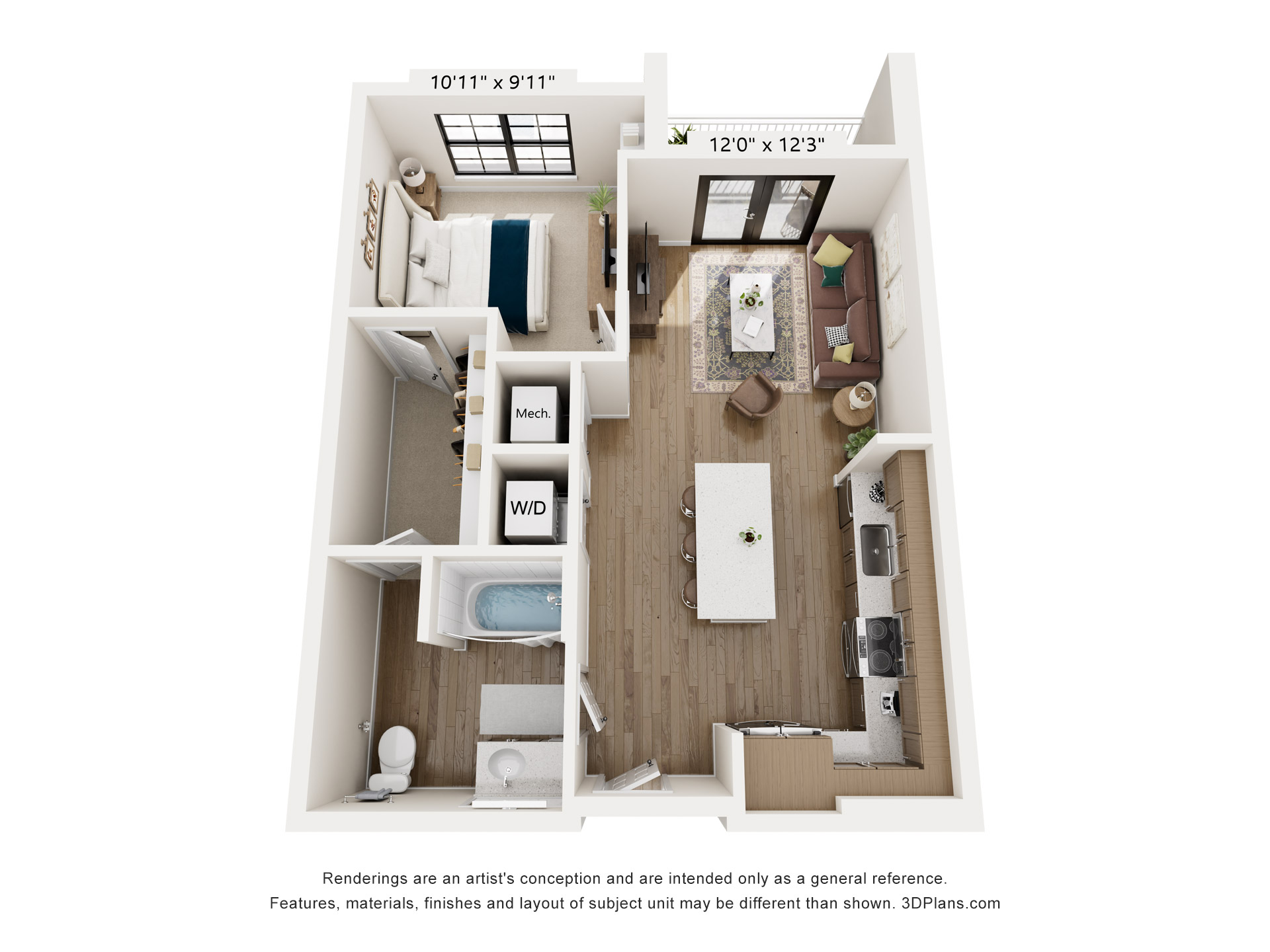 Floor plan for 1 bed, 1 bath, 691 sqft